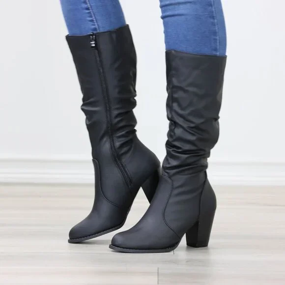 Black Mid-Calf Boots Faux leather Side Zip Block Heel Slouched Shaft - Picture 13 of 15